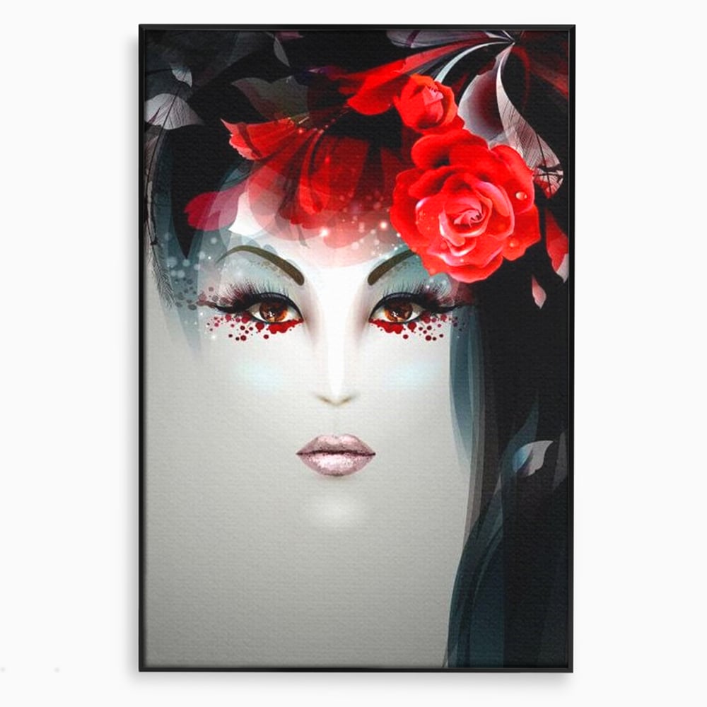 Tablou canvas cu tablou portret feminin cu trandafiri rosii, in rama de aluminiu negru